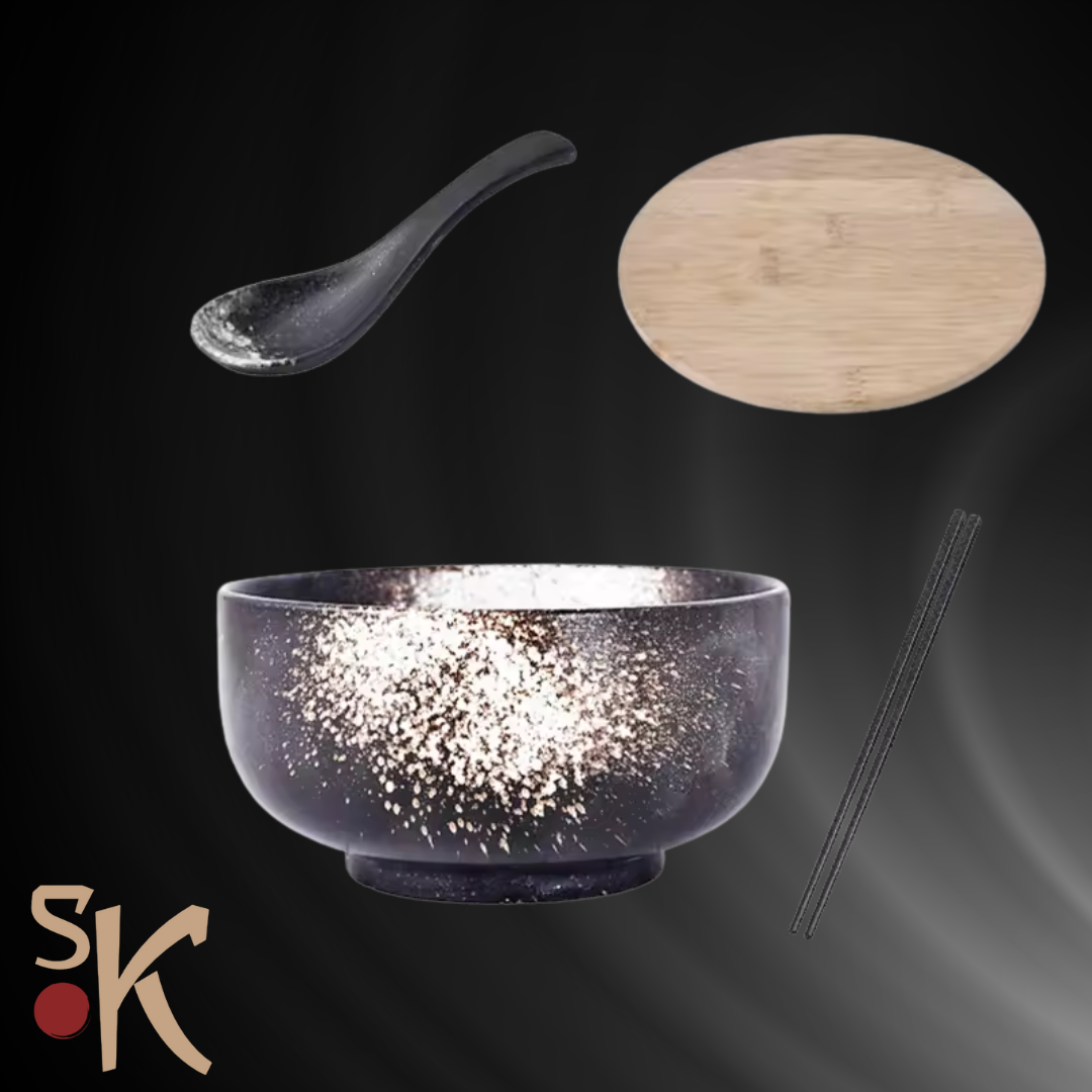 Ceramic Noodle Soup Bowl with Lid, Chopsticks & Spoon