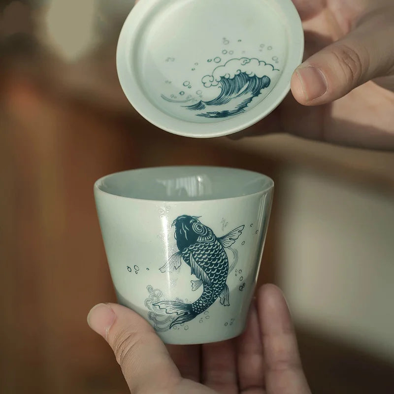 Traditional Japanese Style 120ML Tea Cup with Lid - Hand Painted (Small)