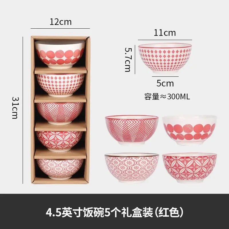 Rice Bowl Family Gift Set - Ceramic Red | Blue