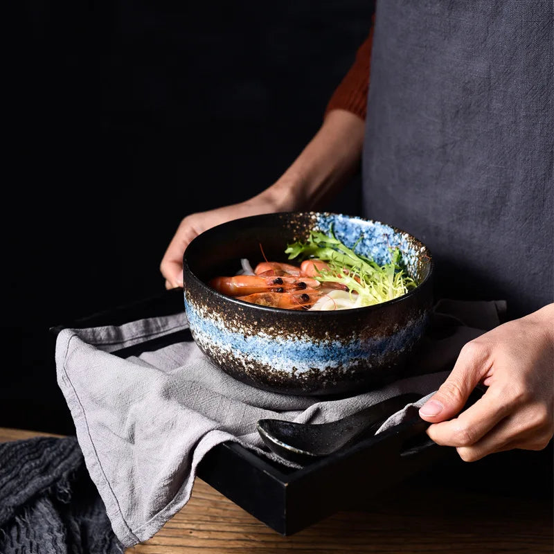 Ceramic Noodle Soup Bowl with Lid, Chopsticks & Spoon