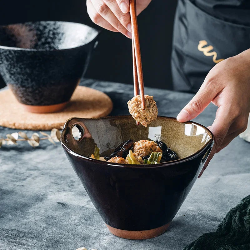 Retro Ceramic Noodle Ramen Home Bowl - Black|Brown