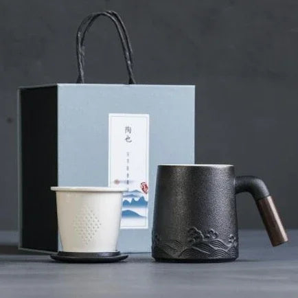 Tea Infuser Ceramic Mug with Lid & Wood Handle Gift Set - Black
