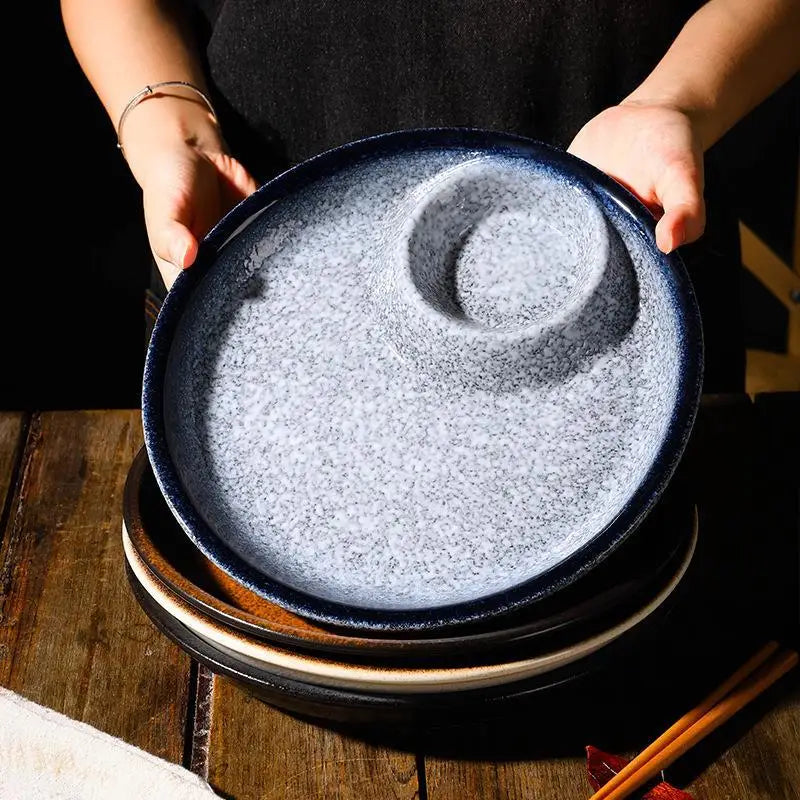 Ceramic Dumpling Plate with Vinegar Compartment - 10 Inches