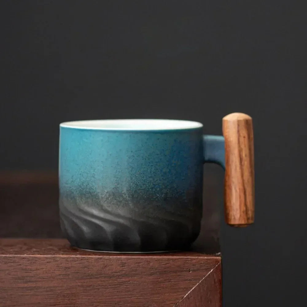 Handmade Ceramic Japanese Retro 80ML Coffee Cup with Wooden Handle (Small)