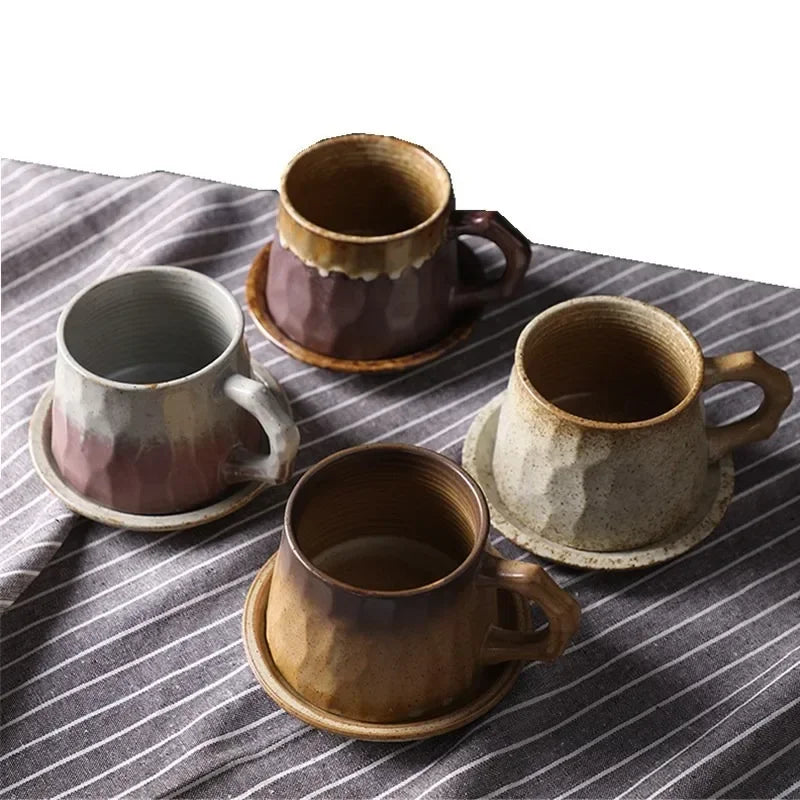 Retro Japanese Stoneware 300ML Ceramic Mug & Saucer Set
