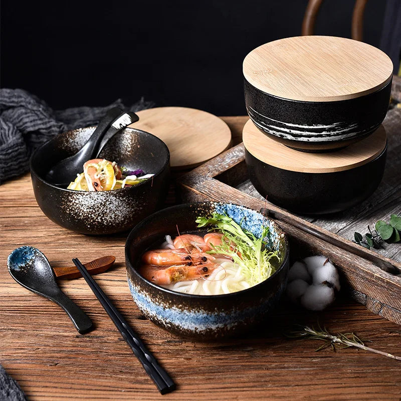 Ceramic Noodle Soup Bowl with Lid, Chopsticks & Spoon
