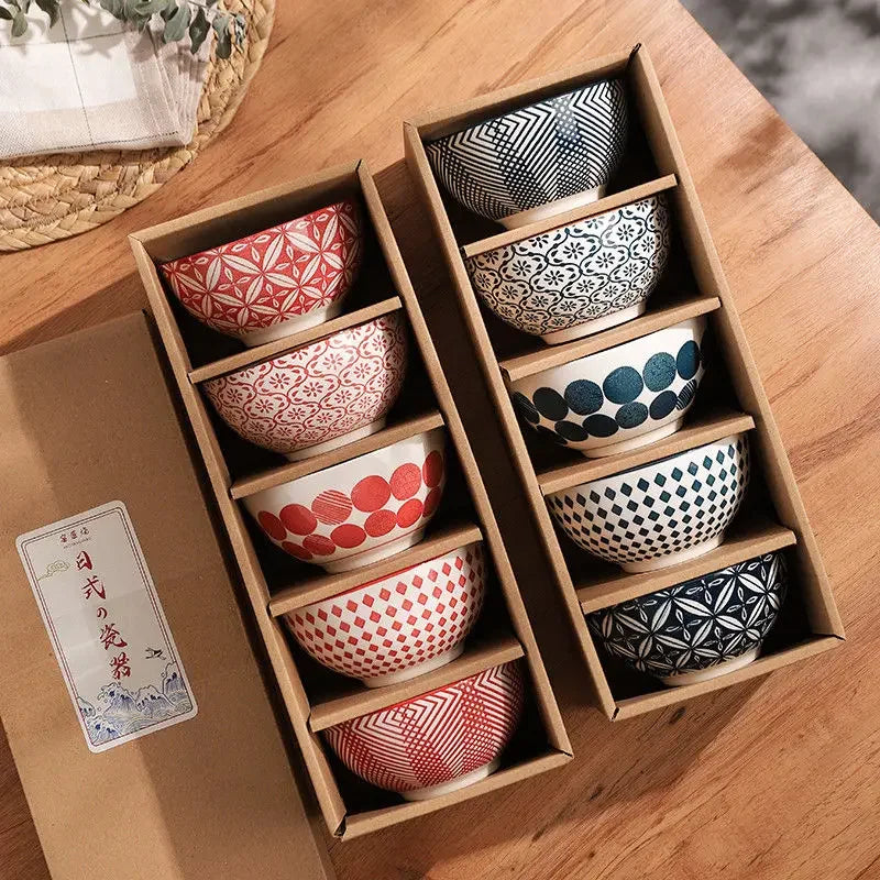 Rice Bowl Family Gift Set - Ceramic Red | Blue