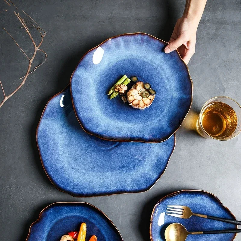 Ceramic Pottery Irregular Flat Plate - Deep Blue