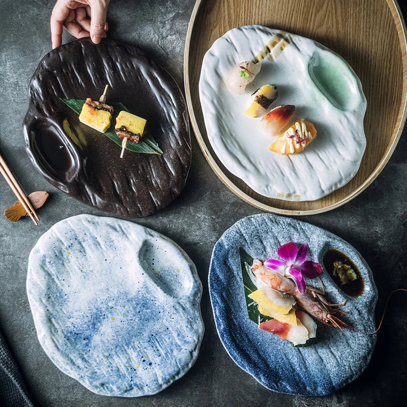 Ceramic Integrated Dumpling Plate with Vinegar Dish Compartment - 11 Inches