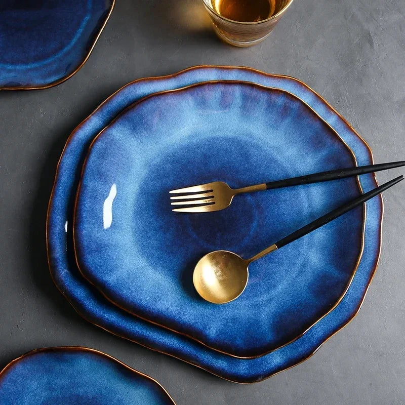 Ceramic Pottery Irregular Flat Plate - Deep Blue