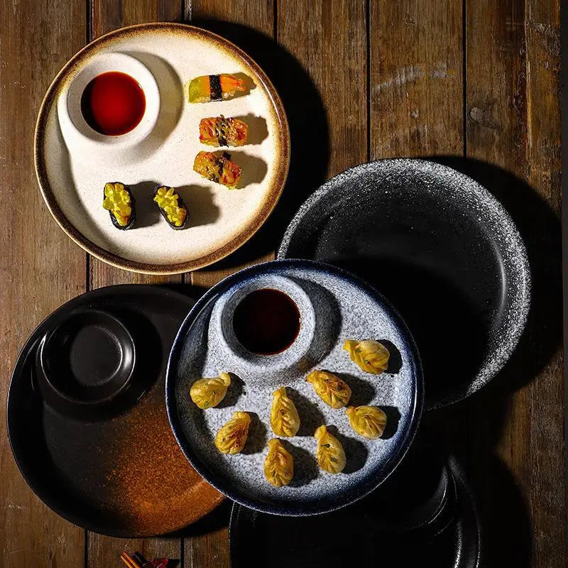 Ceramic Dumpling Plate with Vinegar Compartment -  10 Inches