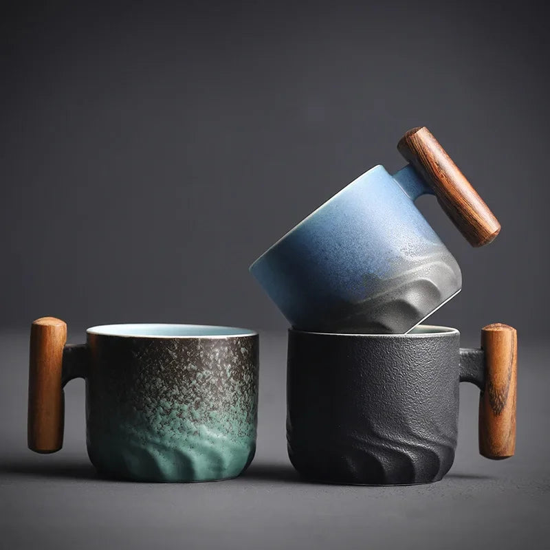 Handmade Ceramic Japanese Retro 80ML Coffee Cup with Wooden Handle (Small)