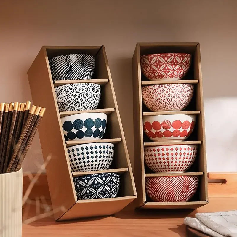 Rice Bowl Family Gift Set - Ceramic Red | Blue