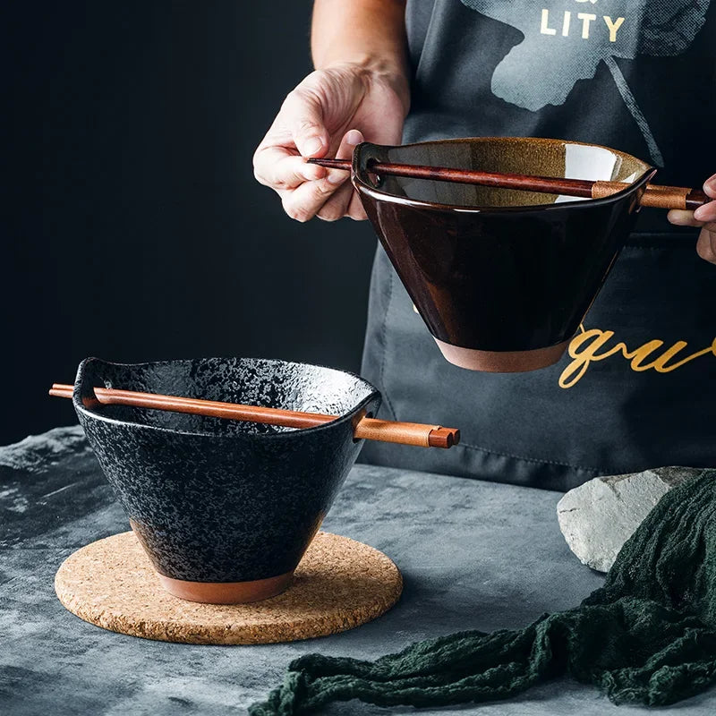 Retro Ceramic Noodle Ramen Home Bowl - Black|Brown