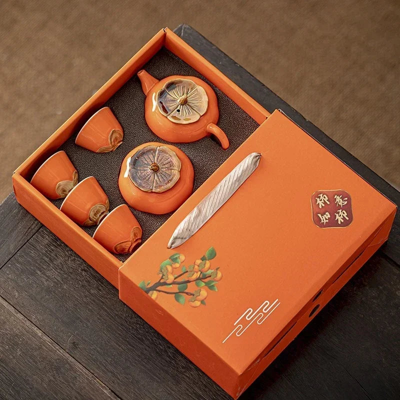 Ceramic Pottery 'Afternoon Tea' Burnt Orange Full Gift Set - Handmade