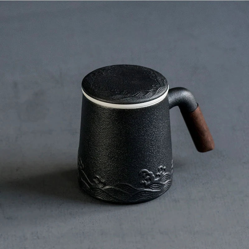Tea Infuser Ceramic Mug with Lid & Wood Handle Gift Set - Black