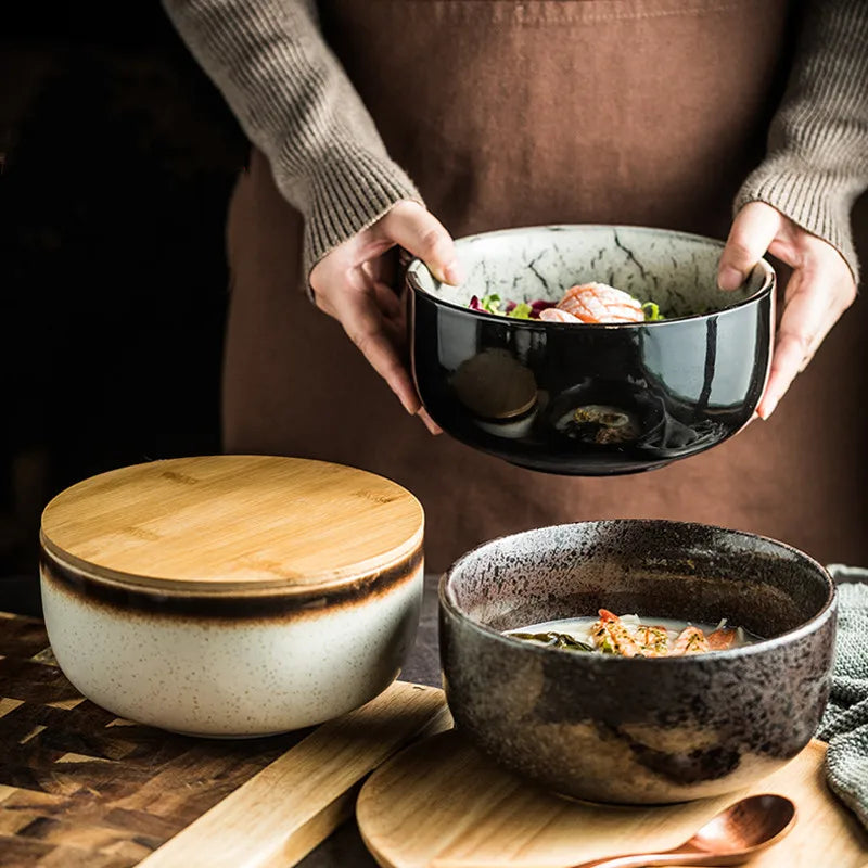 Household Large Ceramic Noodle Soup Bowl with Lid & Chopsticks
