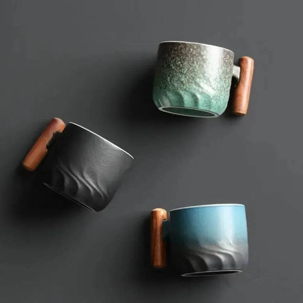 Handmade Ceramic Japanese Retro 80ML Coffee Cup with Wooden Handle (Small)