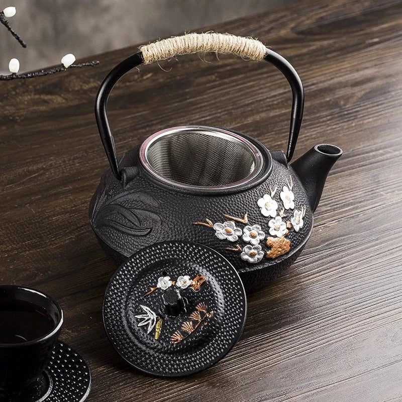 Plum and Bamboo Painted Cast Iron Tea Pot with Strainer Pot