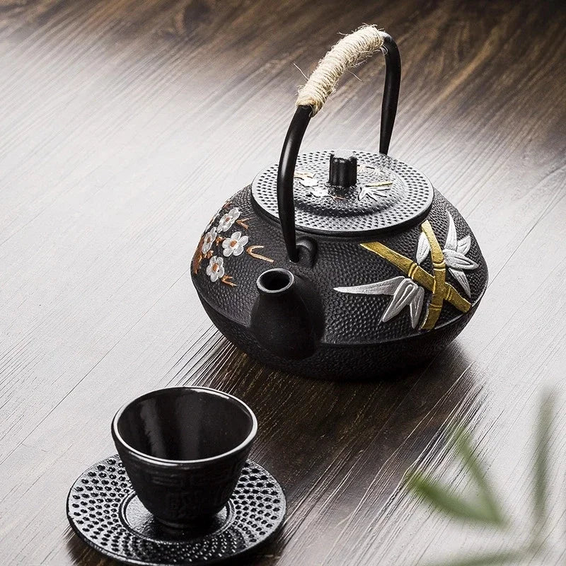 Plum and Bamboo Painted Cast Iron Tea Pot with Strainer Pot
