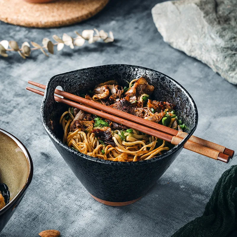 Retro Ceramic Noodle Ramen Home Bowl - Black|Brown